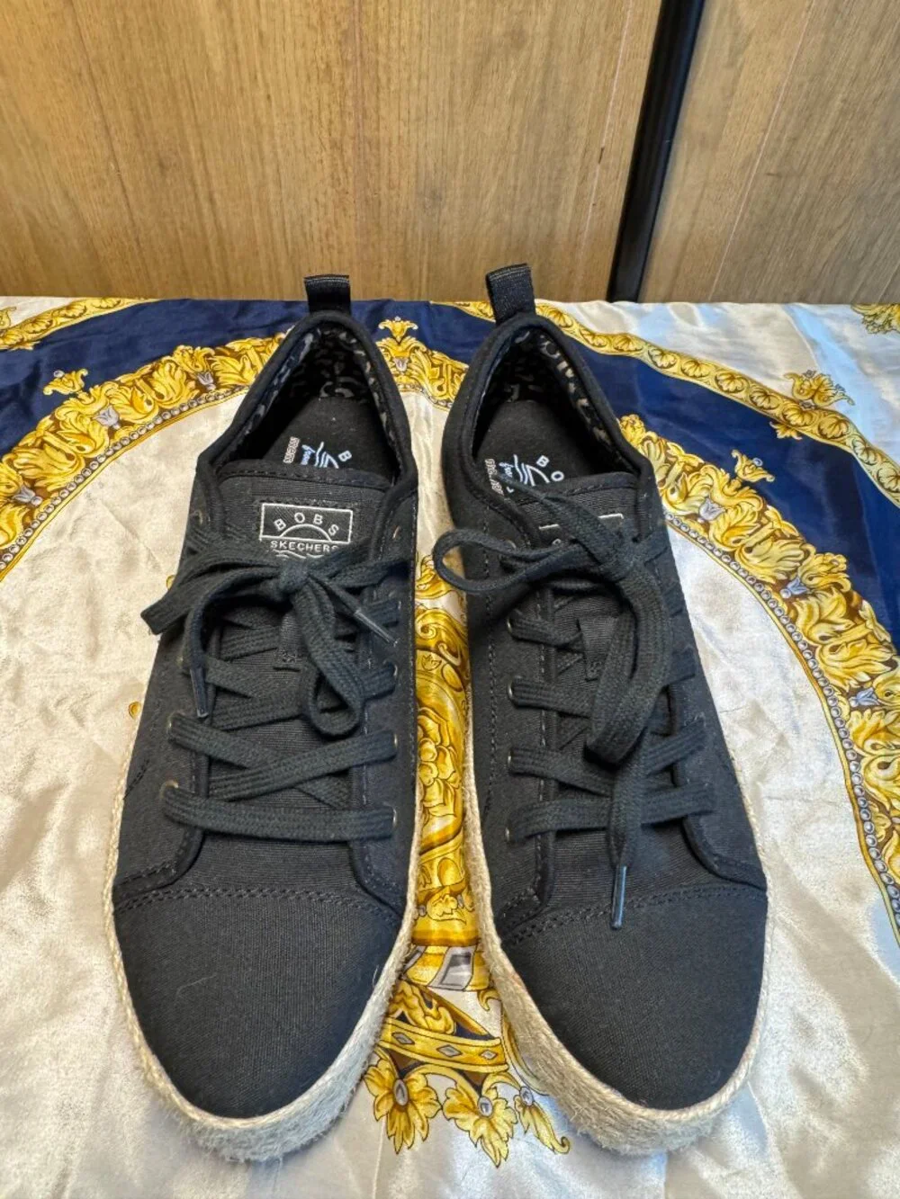 BOBS from Skechers Black Canvas Jute Platform Espadrille Sneakers Size 8
